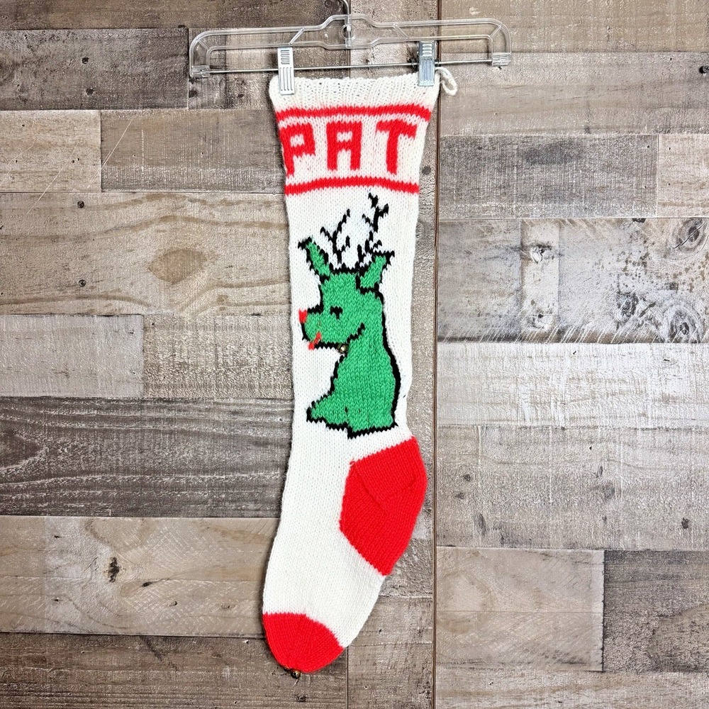 Vtg Pat Hand Knitted 26" Christmas Stocking Reindeer Bells‎ Personalized White